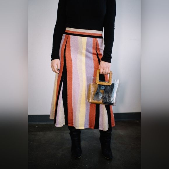 Anthropologie Laia Pink Purple Stripe Midi Knit Swing Skirt Size Small Mod Artsy - Picture 3 of 12